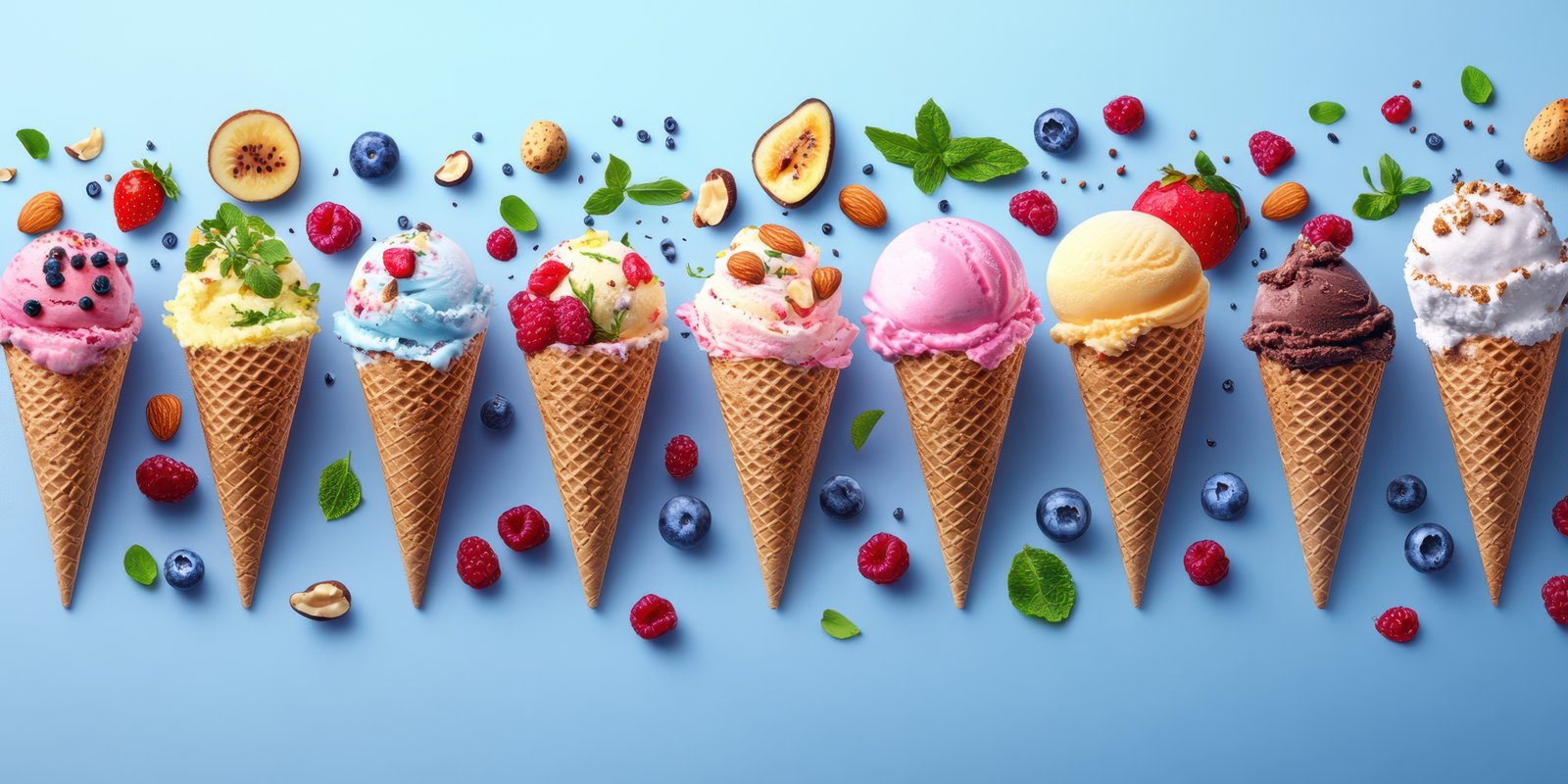 Colorful ice cream cones arranged on a blue background with fresh fruits and nuts scattered around them